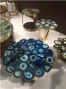 Blue Gemstone Round Table Blue Agate Stone Table Top for Office