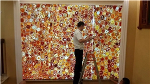 China Yellow Semiprecious Slab & Tiles,Luxury Semipreciouss Stone Wall Panel,Gemstone Interior Background Panel