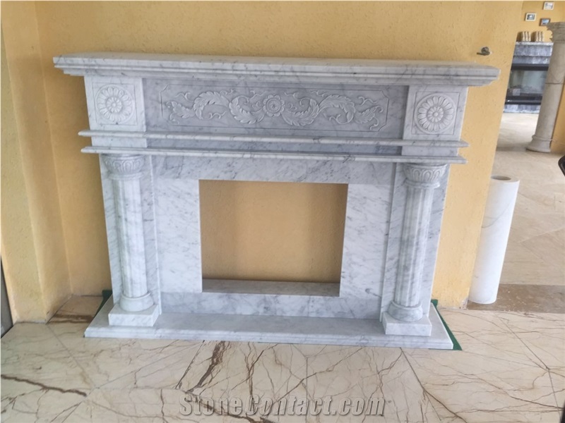 White Marble Fireplace Mantel China Carrara Handcarved Fireplace for Home