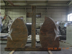 Indian Multicolor Red Granite Tombstones, Monuments, Headstones with Rose Craving, Cemetery Cross in Romanian Style, Double Gravestone Funeral Stone