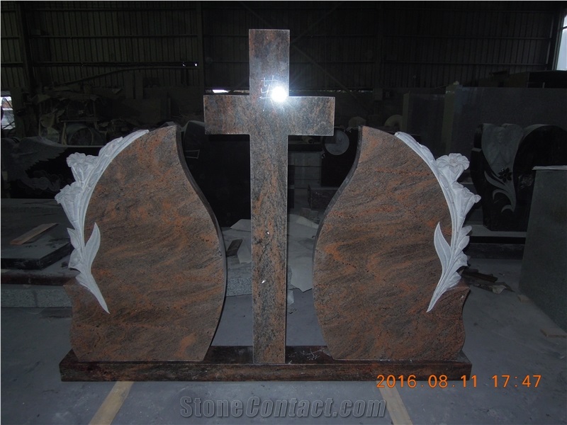 Indian Multicolor Red Granite Tombstones, Monuments, Headstones with Rose Craving, Cemetery Cross in Romanian Style, Double Gravestone Funeral Stone