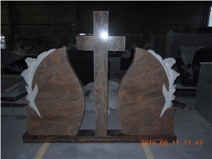 Indian Multicolor Red Granite Tombstones, Monuments, Headstones with Rose Craving, Cemetery Cross in Romanian Style, Double Gravestone Funeral Stone