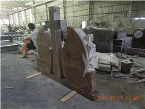 Indian Multicolor Red Granite Tombstones, Monuments, Headstones with Rose Craving, Cemetery Cross in Romanian Style, Double Gravestone Funeral Stone