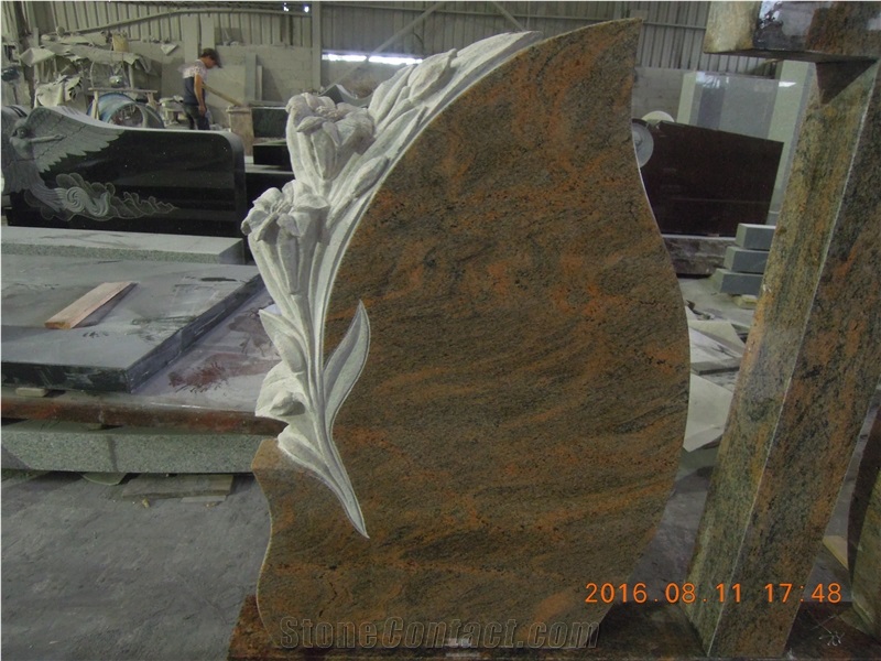 Indian Multicolor Red Granite Tombstones, Monuments, Headstones with Rose Craving, Cemetery Cross in Romanian Style, Double Gravestone Funeral Stone