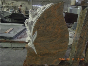 Indian Multicolor Red Granite Tombstones, Monuments, Headstones with Rose Craving, Cemetery Cross in Romanian Style, Double Gravestone Funeral Stone