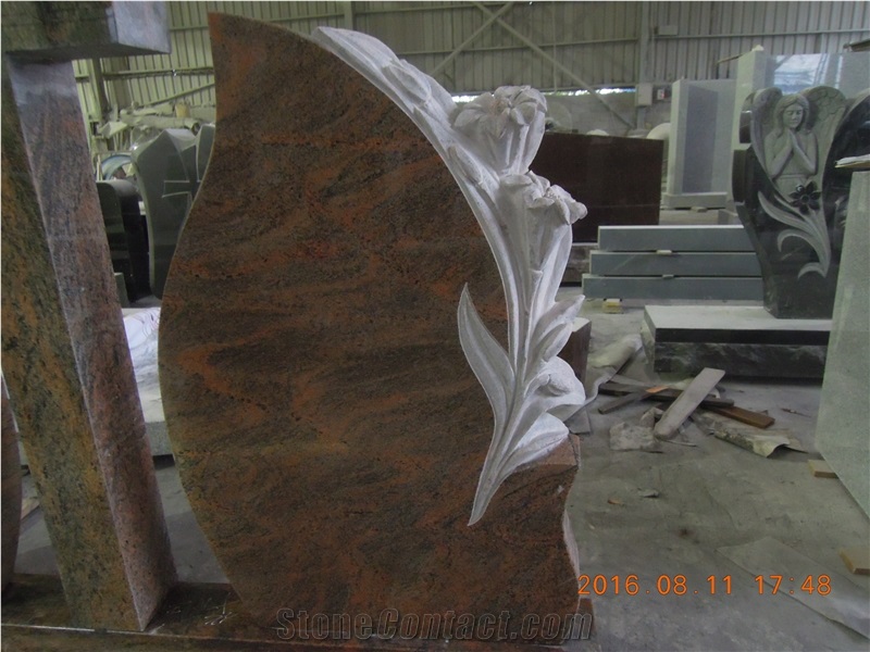 Indian Multicolor Red Granite Tombstones, Monuments, Headstones with Rose Craving, Cemetery Cross in Romanian Style, Double Gravestone Funeral Stone