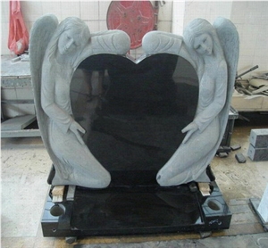 Best Selling Hebei Black , Shanxi Black , Absolute Black Western Style Monuments ,New Design ,Two Angel and Heart Headstone ,Engraved Tombstones