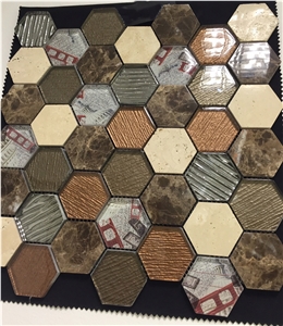 Dark Emperador and Beige Marble Stone ,Silver and Golden Glass Hexagon Wall Mosaic for Home and hotel bathroom decor ,Wall and Flooring Covering Dark Emperador and Beige Marble Stone ,Silver and Golden Glass Hexagon Wall Mosaic for Home and hotel bathroom decor ,Wall and Flooring Covering