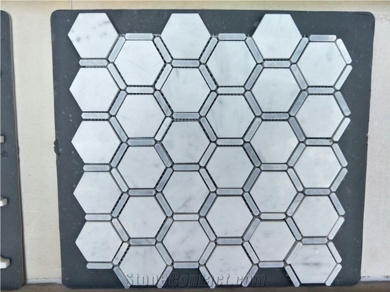 Hexagon Carrara Extra Polished Mosaic, Mugla White Marble Mosaic Tiles Natural Stone for Wall Cladding Decoration