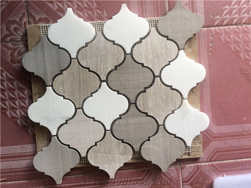 Lantern Shaped Natural Arthen Wood Mixed White Wood + Pure White Marble Tiles White Marble Mosaic for Building Material Wall & Floor