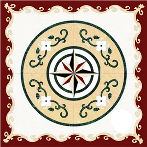 Red Alicante, Pure White, Dark Green, Light Beige Natural Marble Stone Waterjet Square Medallions Mosaic Patterns for the Lobby Flooring