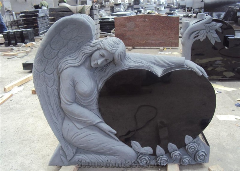 Shanxi Black ,Absolute Black -High Polished Heart and Angel Single Engraved Monuments ,Western Style Tombstones ,Head Stone ,Gravestone