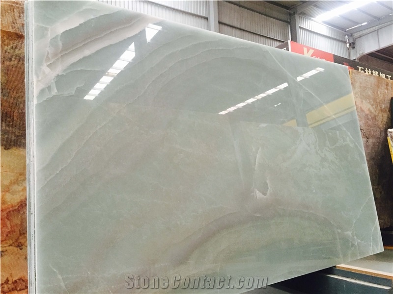 Very Popular Natural Light Green Onyx Stone Big Slab & Tiles, Cut-To-Size, Floor Covering, Bar & Table Tops Pattern Produced in China, Origin is Iran .