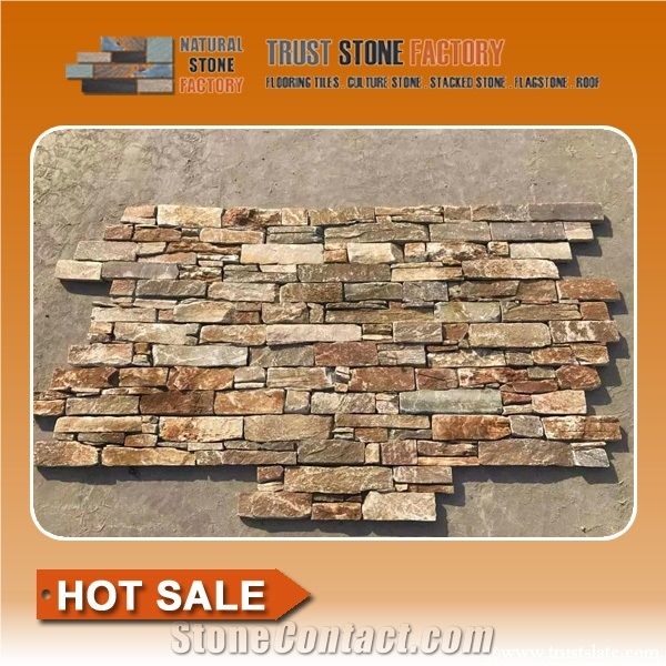Brown Quartzite Ledger Stone, Beige Quartzite Stone Cladding,Yellow Quartzite Stacked Stone Backsplash