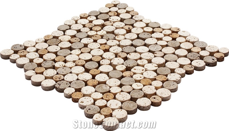 Round Mosaics, Mix(Light, Noce Gold)Travertine Round Mosaic