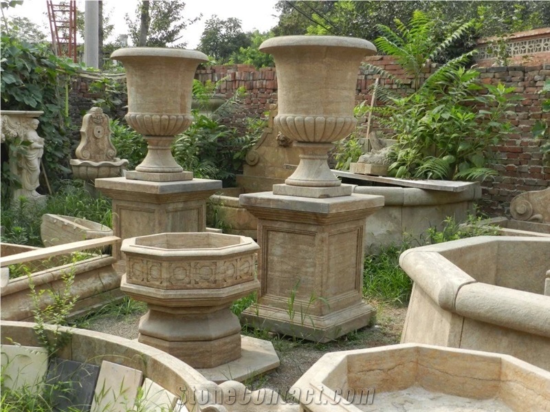 Anique Carving Sculpture Beige Marble Planter Flower Pot Carving Cup