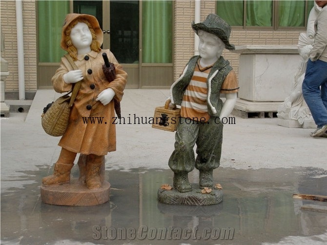 Girl and Boy Marble Hand Craving Sculpture Statue