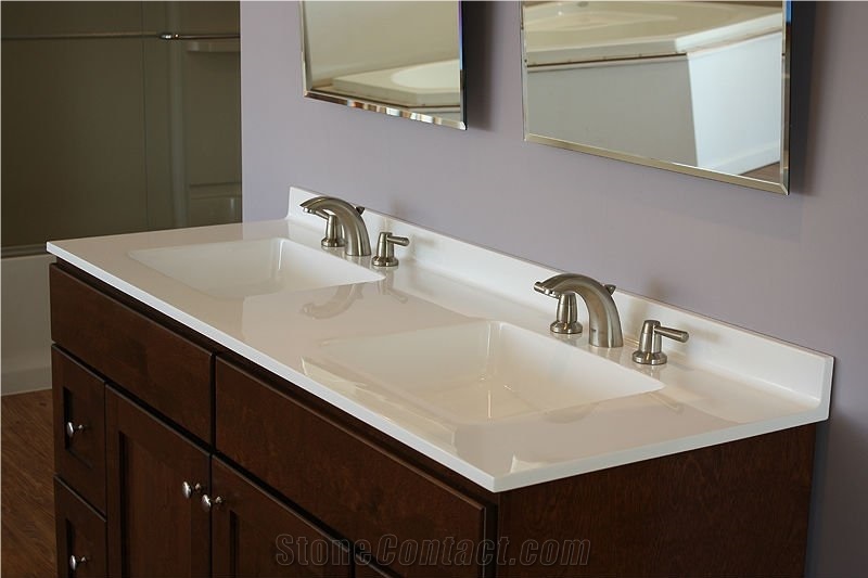 China White Artificial Stone Bathroom Vanity Tops, Quartz Stone Bathroom Top, Custom Countertops, Polished Surface Bath Tops with Sink Basin