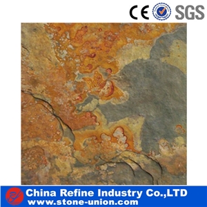 Factory Classic Natural Rusty Yellow Exterior Wall Slate Tiles, Yellow Rusty Black Bottom Stone Slate Flooring Tile & Paving Stone Natural Stone