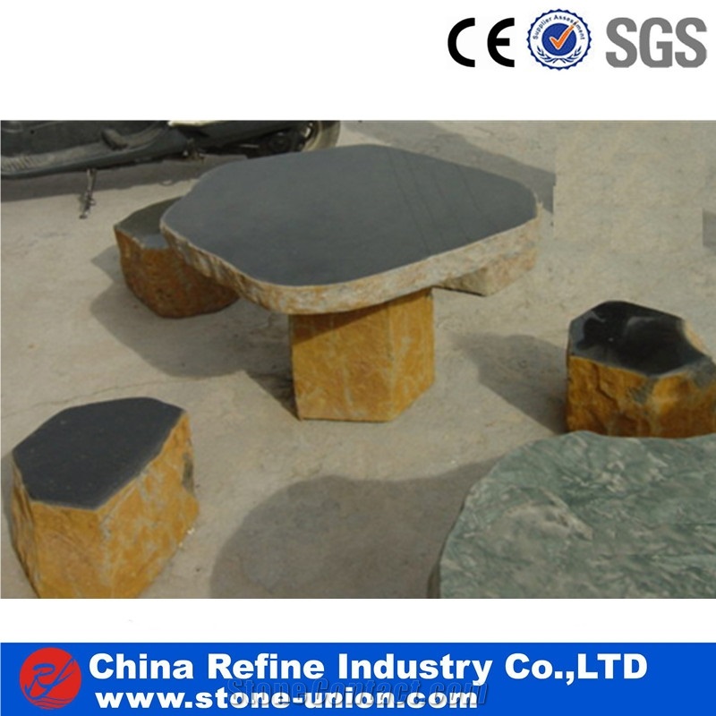 Nine Dragon Jade Marble Table & Benches, Exterior Table Sets, Garden Table Sets, Park Table,Yellow Rust Granite Park Bench Garden Tables