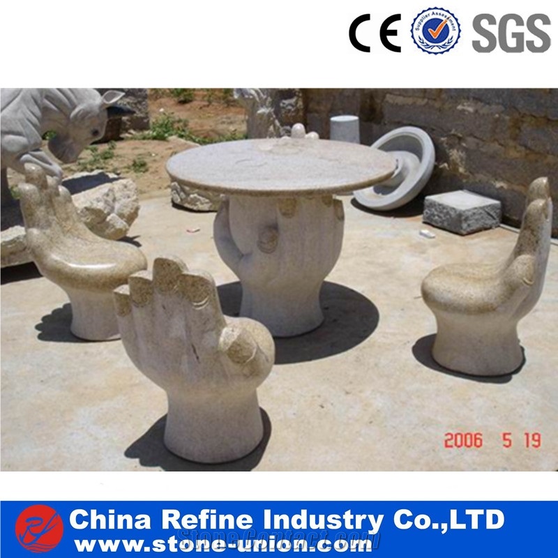 Nine Dragon Jade Marble Table & Benches, Exterior Table Sets, Garden Table Sets, Park Table,Yellow Rust Granite Park Bench Garden Tables