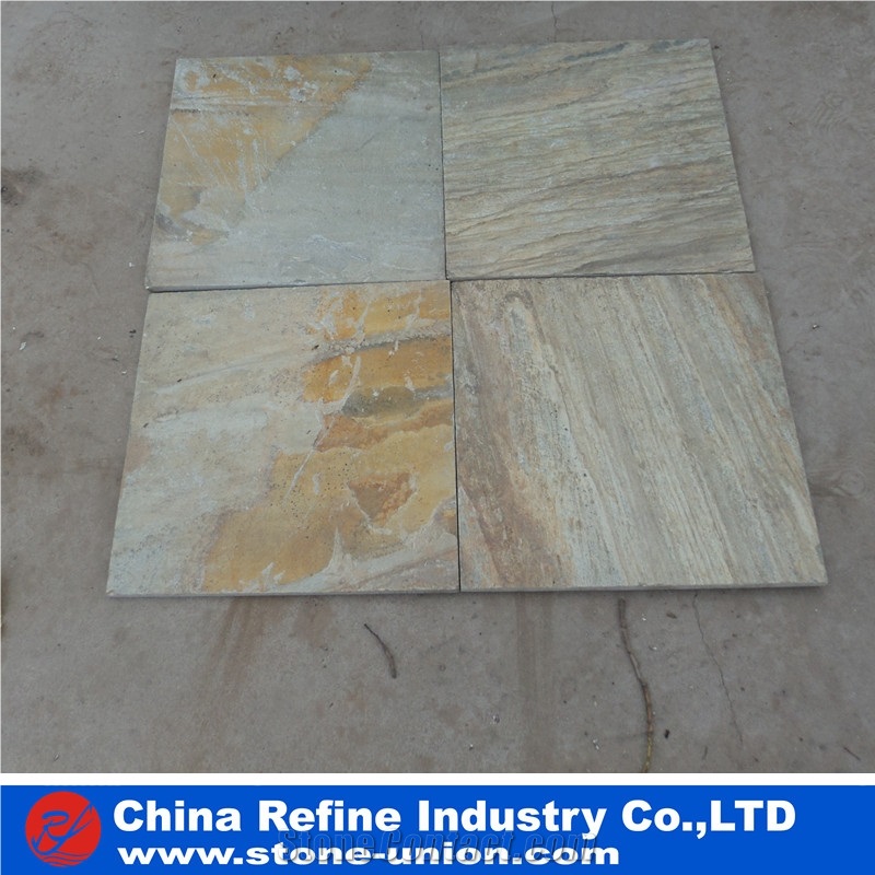 P014 Yellow Slate Tile , Slate Floor Tile ,Rusty Slate Culture Stone, Hebei P014 Golden Yellow Wooden Slate Paving Flooring and Walling Tiles
