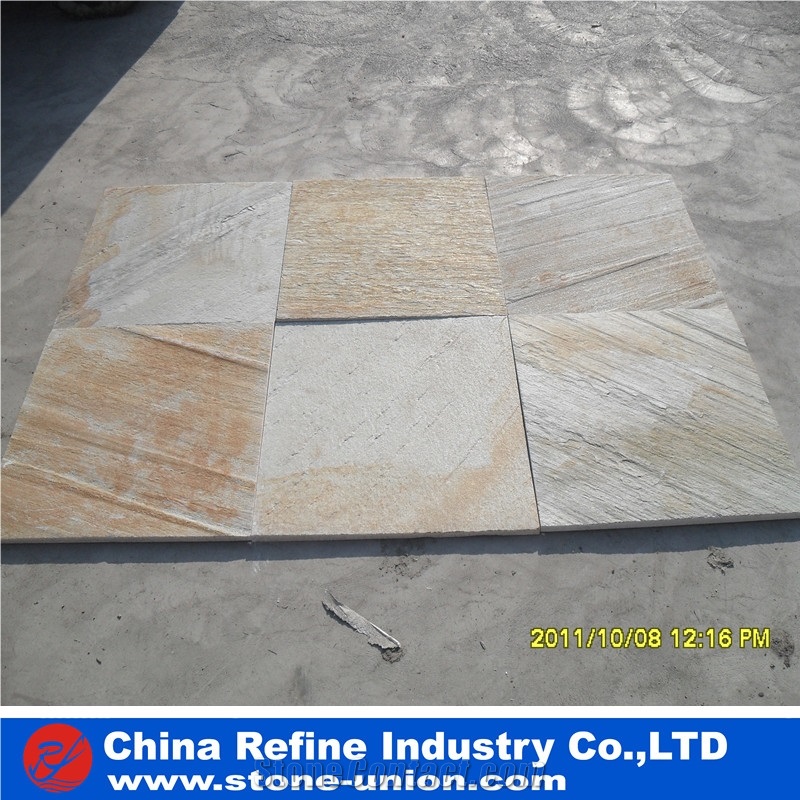 P014 Yellow Slate Tile , Slate Floor Tile ,Rusty Slate Culture Stone, Hebei P014 Golden Yellow Wooden Slate Paving Flooring and Walling Tiles