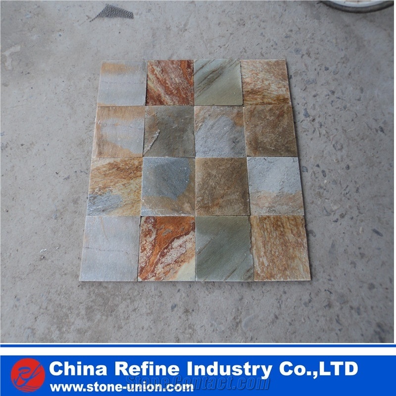 P014 Yellow Slate Tile , Slate Floor Tile ,Rusty Slate Culture Stone, Hebei P014 Golden Yellow Wooden Slate Paving Flooring and Walling Tiles