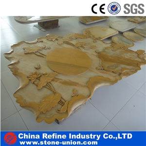 Premium Noble Tea Table for Sale, Yellow Slate Tea Set with Flower Carving,Antique Stone Top and Table,Slate Classical Tea Table, Coffee Table