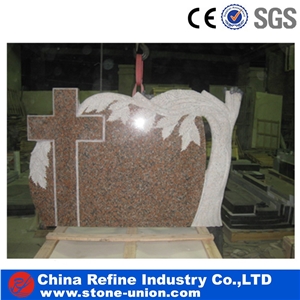 Red Granite Monument with White Tree Carving , Cross and Tree Sculpture Gravestone
