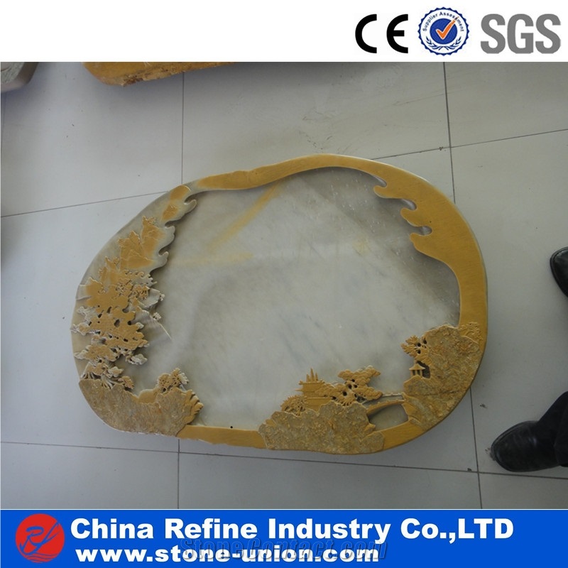 Slate Tea Table, Yellow Stone Tea Tables with Carving Pattern,Antique Tea Tray Table,Stone Tea Board with Carved on Table