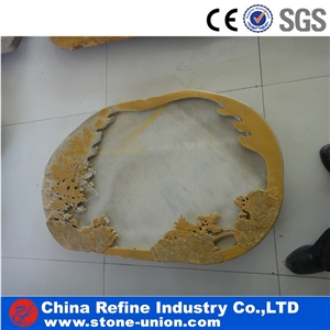 Slate Tea Table, Yellow Stone Tea Tables with Carving Pattern,Antique Tea Tray Table,Stone Tea Board with Carved on Table
