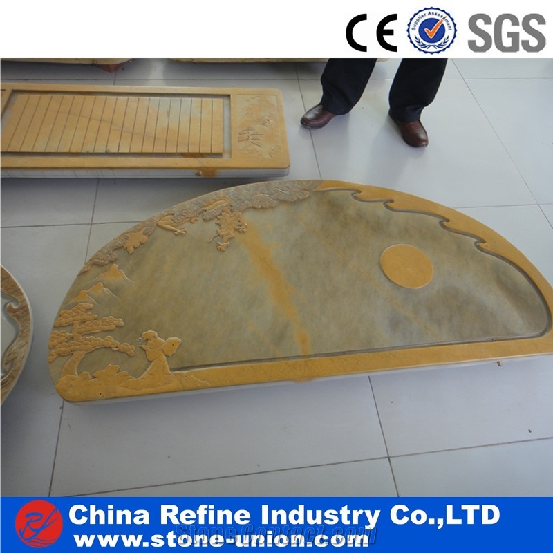 Slate Tea Table, Yellow Stone Tea Tables with Carving Pattern,Antique Tea Tray Table,Stone Tea Board with Carved on Table