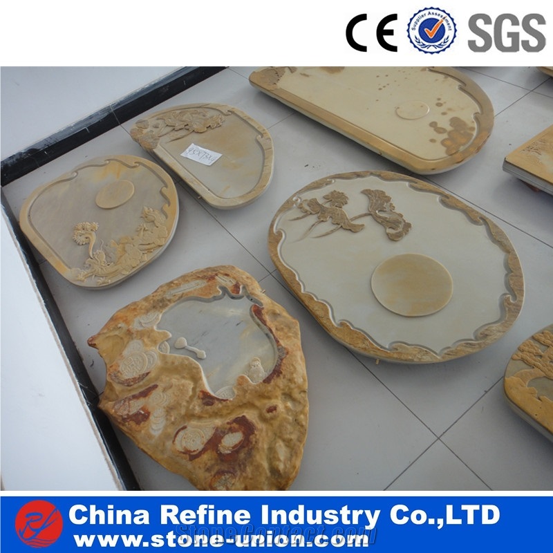 Slate Tea Table, Yellow Stone Tea Tables with Carving Pattern,Antique Tea Tray Table,Stone Tea Board with Carved on Table