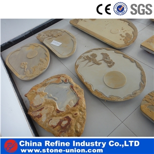 Slate Tea Table, Yellow Stone Tea Tables with Carving Pattern,Antique Tea Tray Table,Stone Tea Board with Carved on Table