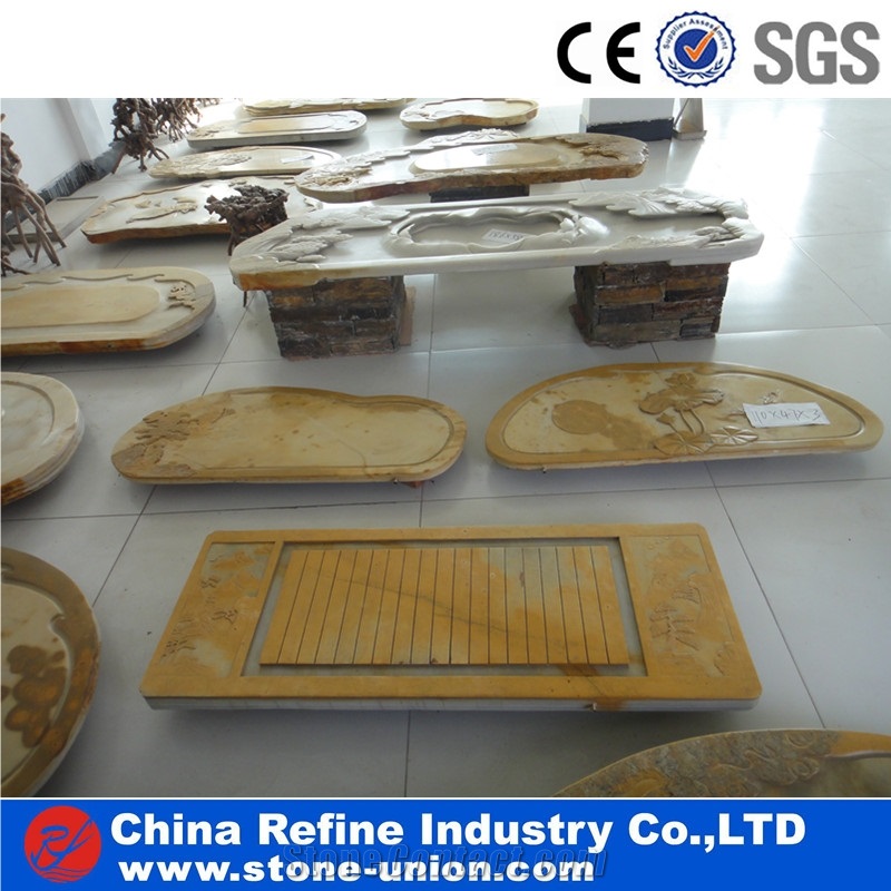 Slate Tea Table, Yellow Stone Tea Tables with Carving Pattern,Antique Tea Tray Table,Stone Tea Board with Carved on Table