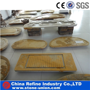 Slate Tea Table, Yellow Stone Tea Tables with Carving Pattern,Antique Tea Tray Table,Stone Tea Board with Carved on Table