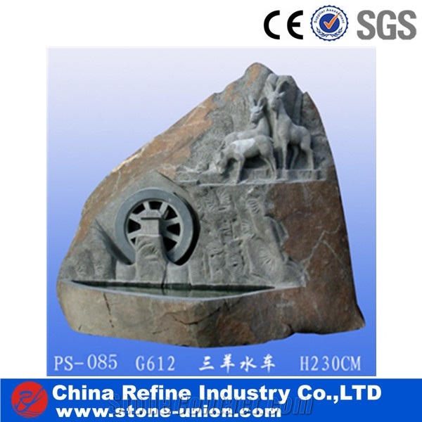 Three Sheep with Wheel Water Fountain, Garden Sculpture Fountains, Slate Fountain Water Features, Slate Stone Fountain