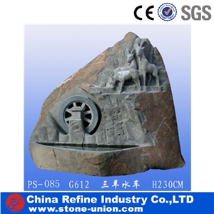Three Sheep with Wheel Water Fountain, Garden Sculpture Fountains, Slate Fountain Water Features, Slate Stone Fountain