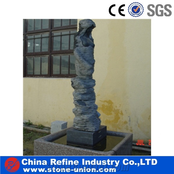 Three Sheep with Wheel Water Fountain, Garden Sculpture Fountains, Slate Fountain Water Features, Slate Stone Fountain