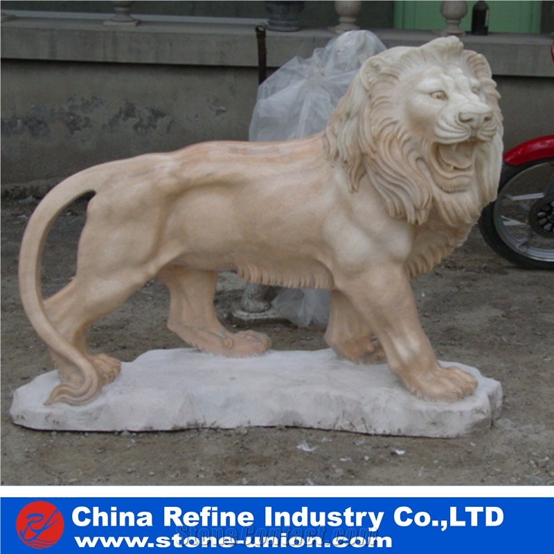 Western Lion Statue, Garden Lion Statue , Animal Statues ,Lion Beige Marble Statue,Garden Lion Carving,Sculpture Carving, Pair Of Lion Sculpture Set