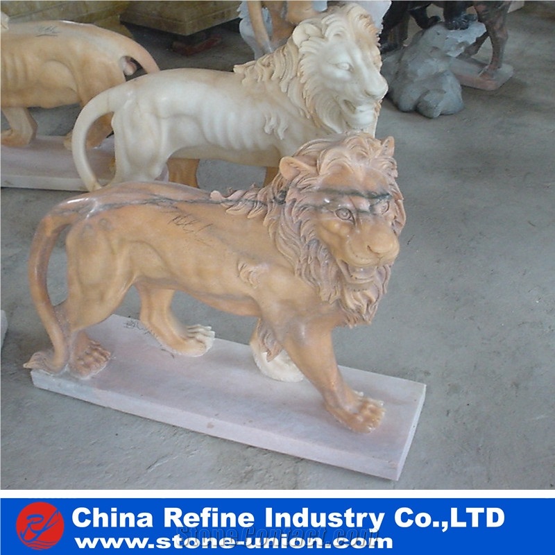 Western Lion Statue, Garden Lion Statue , Animal Statues ,Lion Beige Marble Statue,Garden Lion Carving,Sculpture Carving, Pair Of Lion Sculpture Set