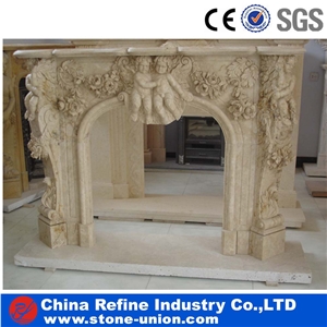 White Fireplace with Relief Carving , Fireplace Mantel with Children Sculpture