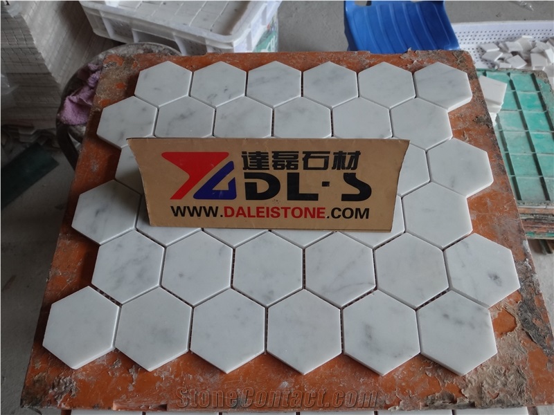 Bianco Carrara White Marble Polished Mosaic Tiles, Italy White Marble Hexagon Mosaic, White Marble Mosaics for Wall, Floor