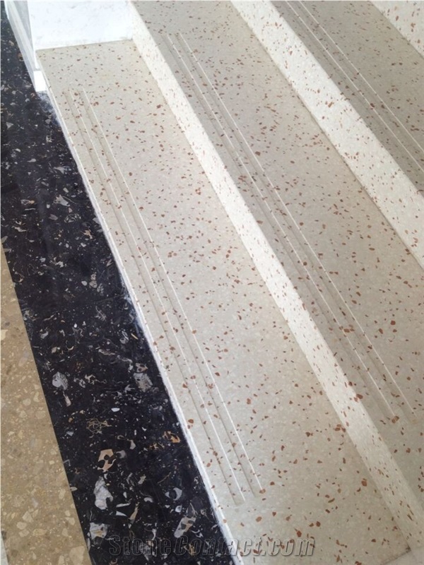 China White Crystal Quartz Polished Stair Steps, White Artificial Quartz Treads and Risers, Artificial Quartz Steps with Anti-Slip Strips
