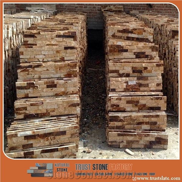 Autumn Gold Stone Veneer Panels, Copper Rust Ledgestone, Hebei Brown Slate Exterior Stone Veneer