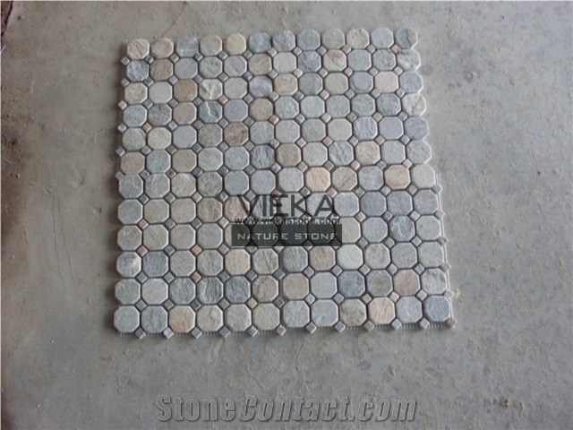 Beige Mosaic Tiles, Hexagon Tumbled Brick Strip Brick Mosaics,Split Face Mosaic Pattern for Wall Floor,Interior Exterior Decoration Nature Slit Stone Pebble Chipped Linear Strips