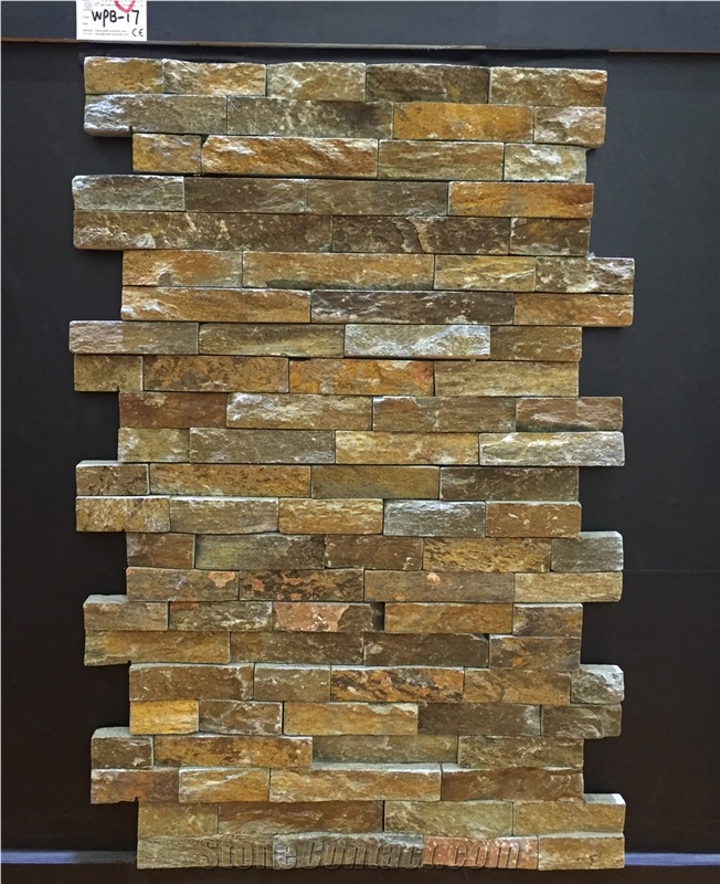 Gold Brown Color Quartzite Cultured Stone, Glued Wall Cladding, Stone Veneer
