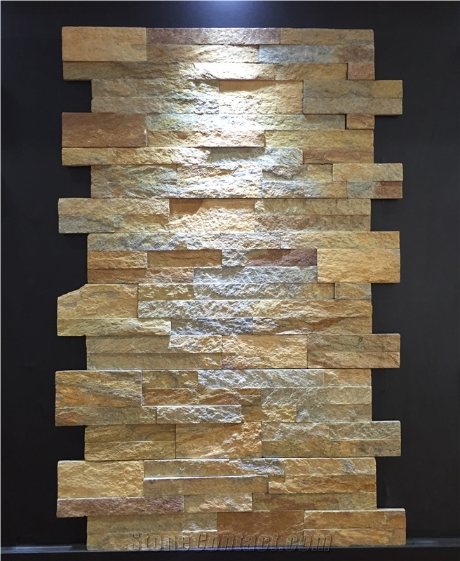 Yellow Brown Quartzite Cultured Stone Veneer, Cultured Stone Wall Cladding, Ledger Stacked Stone Veneer, Thin Ledgestone Veneer