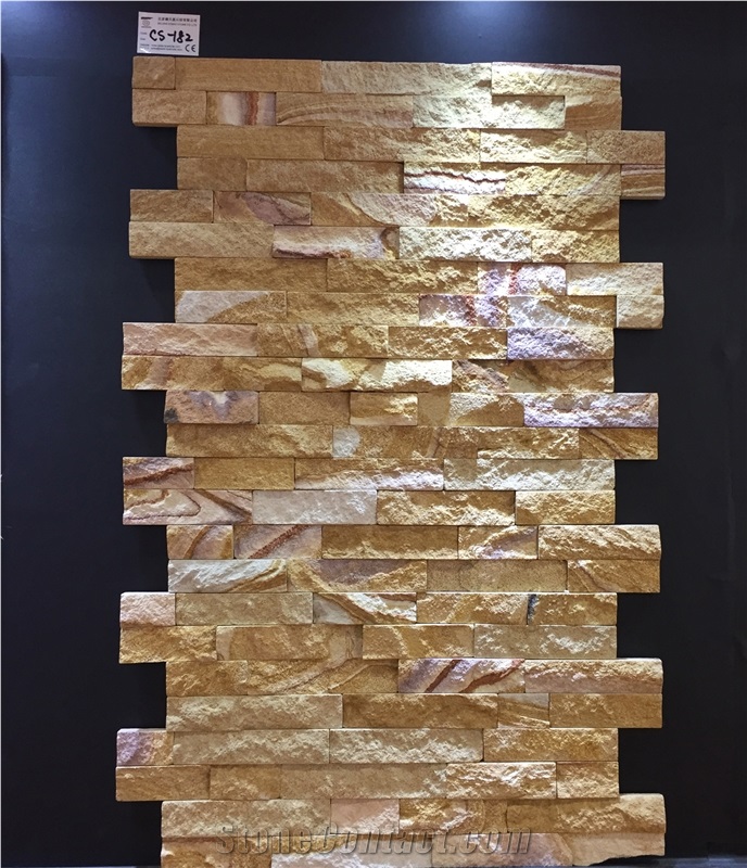 Yellow Sandstone Natural Split Face Cultured Stone Veneer, Cultured Stone Wall Cladding, Ledger Stacked Stone Veneer, Thin Ledgestone Veneer